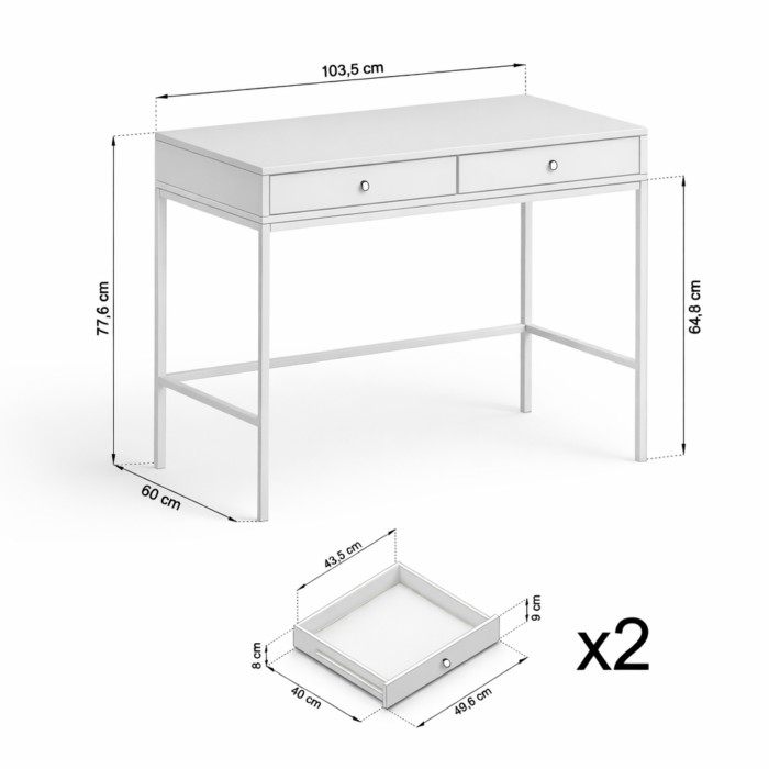Toaletka MONCTON - Blu granatowy - Uchwyty metalowe - 2 szuflady - Szerokość 104 cm, Wysokość 77 cm, Głębokość 50 cm - obrazek 3