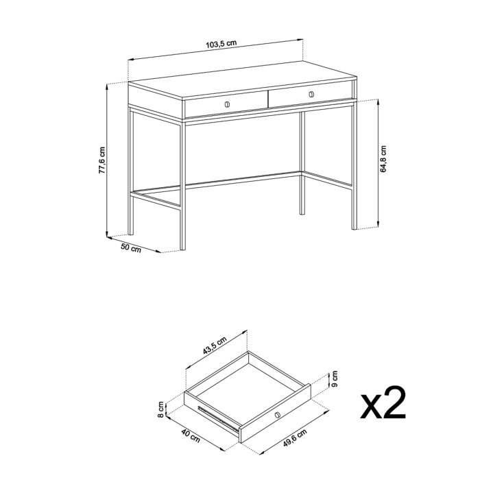 Toaletka MONCTON - Blu granatowy - Uchwyty metalowe - 2 szuflady - Szerokość 104 cm, Wysokość 77 cm, Głębokość 50 cm - obrazek 3
