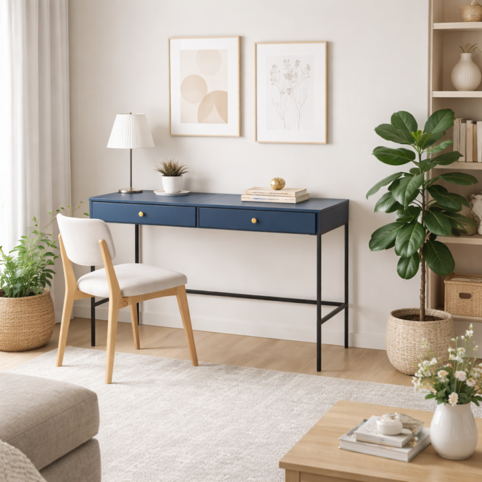 Toaletka MONCTON - Blu granatowy - Uchwyty metalowe - 2 szuflady - Szerokość 104 cm, Wysokość 77 cm, Głębokość 50 cm - obrazek 6