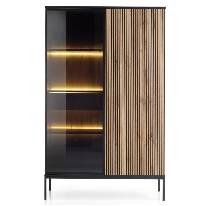 Laval WTSZ104 – witryna z oświetleniem LED, czarny, dąb wotan, lamela, szerokość 104 cm, wysokość 166 cm, głębokość 39 cm - obrazek 3