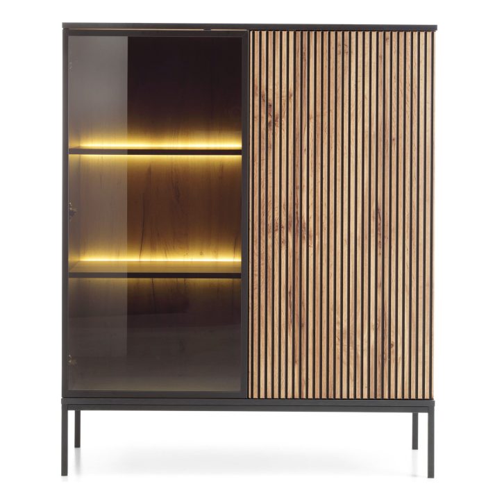 Laval WT104 – witryna z oświetleniem LED, dąb wotan, czarny, szerokość 104 cm, wysokość 126 cm, głębokość 39 cm - obrazek 2