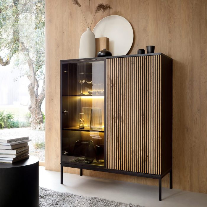 Laval WT104 – witryna z oświetleniem LED, dąb wotan, czarny, szerokość 104 cm, wysokość 126 cm, głębokość 39 cm - obrazek 3