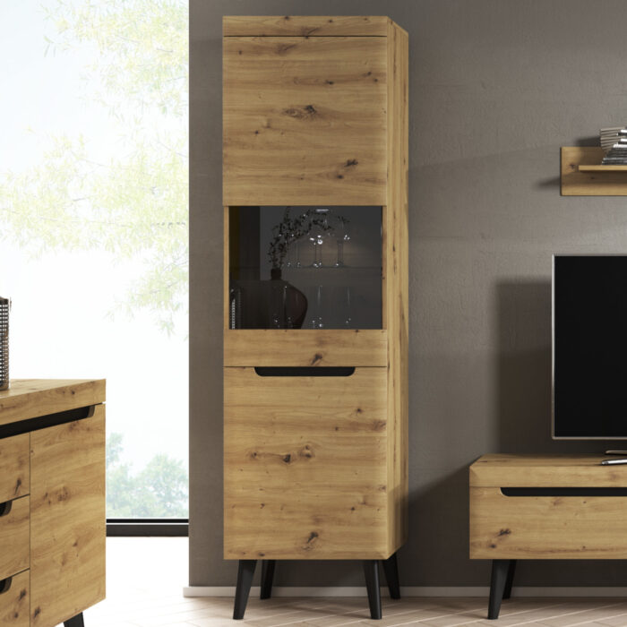 Wysoka Witryna SUDBURRY NWT53 - Dąb - Czarne Dodatki - Przeszklona - Szerokość 53 cm, Wysokość 197 cm, Głębokość 40 cm - obrazek 2