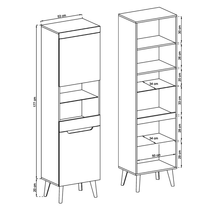 Wysoka Witryna SUDBURRY NWT53 - Dąb - Czarne Dodatki - Przeszklona - Szerokość 53 cm, Wysokość 197 cm, Głębokość 40 cm - obrazek 3