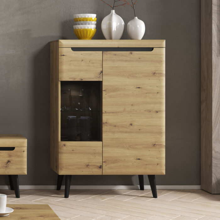 Witryna SUDBURRY NWT90 - Dąb - Czarne Dodatki - Przeszklona - Szerokość 90 cm, Wysokość 134 cm, Głębokość 40 cm - obrazek 2