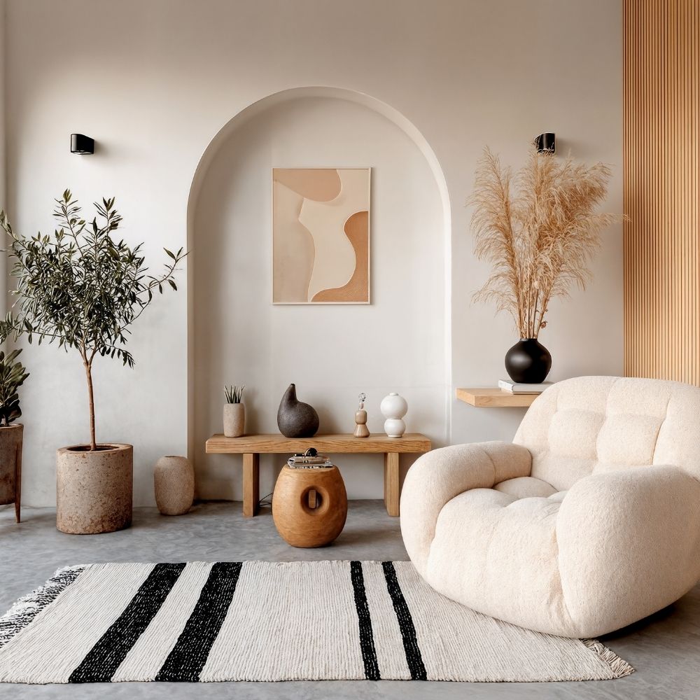 Salon w stylu boho z naturalnym drewnem, jasnymi tkaninami i spokojnymi dodatkami
