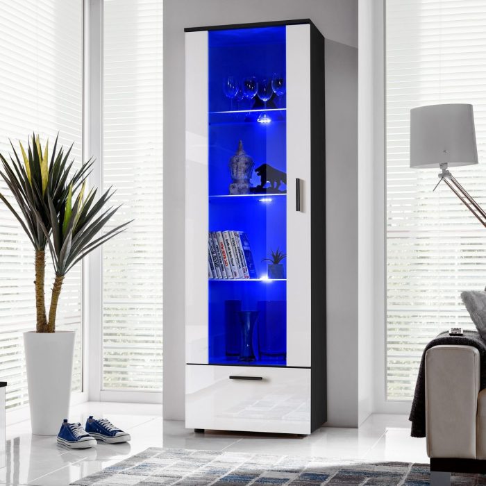 Witryna Stojąca Alessandria, Biały/Czarny Oświetlenie LED Niebieskie - obrazek 2