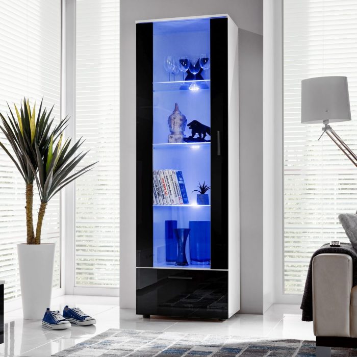 Witryna Stojąca Alessandria, Czarny/Biały Oświetlenie LED Niebieskie - obrazek 2