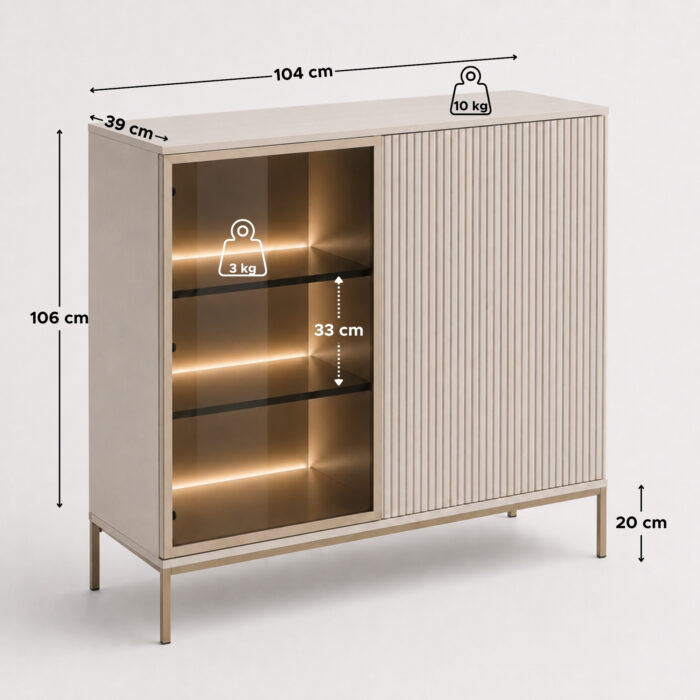 Laval WT104 – witryna z oświetleniem LED, kaszmir, szerokość 104 cm, wysokość 126 cm, głębokość 39 cm - obrazek 6